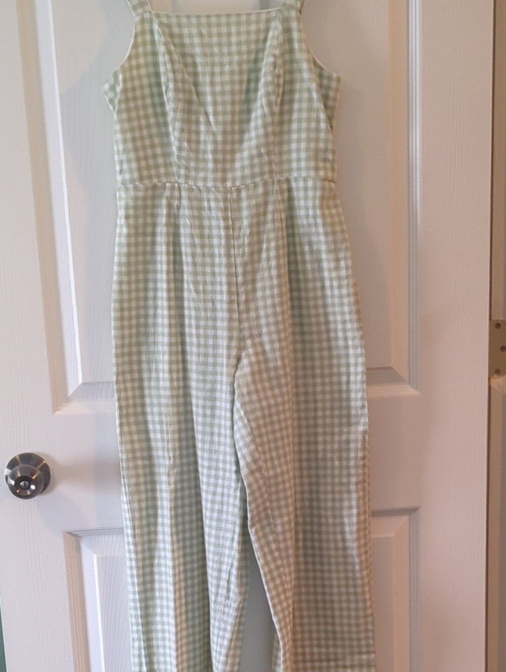 Jessica Simpson Light Green Gingham Square-Neck Jumpsuit